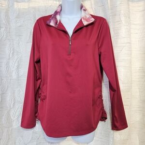 Chico's Vibrant Red Zip-Up Top with Patterned Collar